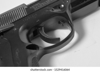 MATLOCK, UNITED KINGDOM, 13th October, 2019: The Trigger Of A Fake Bruni REPLICA Beretta Blank Firing Pistol Or Handgun Prop