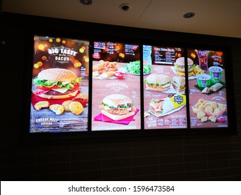 MATLOCK, UNITED KINGDOM, 23rd December, 2019: A Digital Screen With A Food Menu To Order From Inside A McDonalds Restaurant