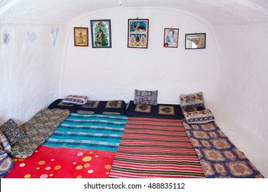 MATMATA, TUNISIA, AFRICA-CIRCA MAY, 2012: Bedroom interior of berbers house cut in cave. Typical an underground house of troglodytes. Cave-dwellers Berbers living.