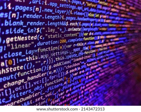 Matrix byte of binary data rian code running abstract background in dark blue digital style. Web developer programmer monitor screen display. Python programming developer code