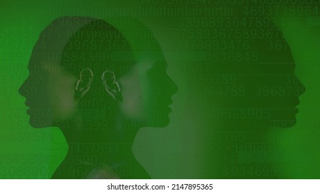 Matrix code background with green digital symbols and women profile silhouettes. Conceptual image of a parallel world, virtual reality and future society.