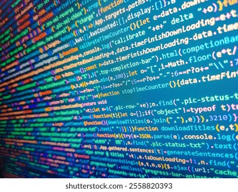 Matrix cyber technology background. Binary numbers. Abstract financial graph. Coding concept. Application source code background. Closeup view of computer screen showing lines of digital code.
