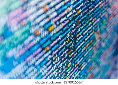  Matrix flat design. PHP development, software site code. HTML code on laptop screen. Abstract screen of software virus and coding technologies. 