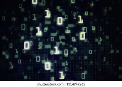 Matrix Futuristic space theme multiple exposure binary numbers moving down from top of the frame on blue and black background. blue block pixel for computer data transfer information concepts.