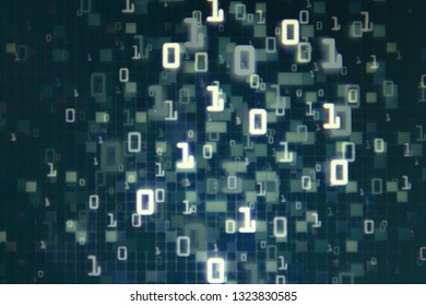 Matrix Futuristic space theme multiple exposure binary numbers moving down from top of the frame on blue and black background. blue block pixel for computer data transfer information concepts.