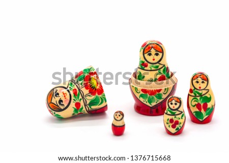 Matryoshka Dolls isolated on a white background. Russian Wooden Doll Souvenir. Russian nesting dolls, stacking dolls.