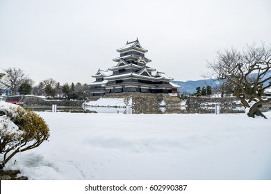 Matsumoto Castle in Winter Season and leaflet brunch near the lake,nagano, japan