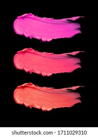 Matt Smeard Neon Pink Orange Purple  Lipstick Smudge Swatches Isolated On Black Background
