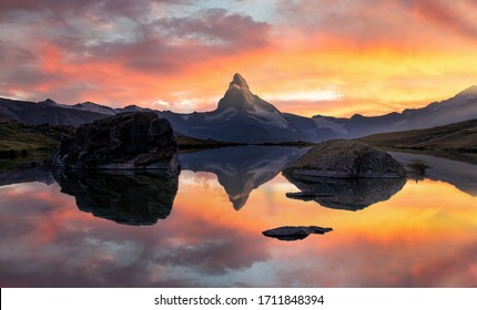 Matterhorn or Cervino reflection on lake stellisee in Zermatt in the mountains in the swiss Alps, Switzerland.