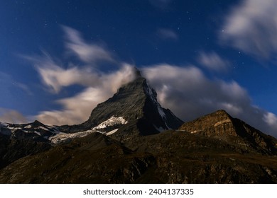 The Matterhorn is a mountain of the Alps, straddling the main watershed and border between Italy and Switzerland.