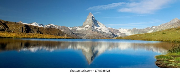 Matterhorn on Zermatt, Switzerland. Matterhorn panorama. The alpine lake Stellisee. Swiss alps.