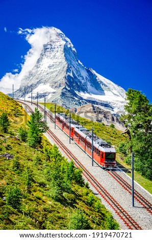 Matterhorn, Switzerland. Gornergratbahn long gauge mountain rack railway leading famous Zermatt up to the Gornergrat belleview.