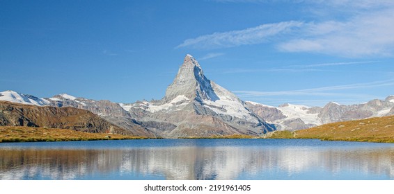 Matterhorn In Zermatt, Switzerland. The Alpine Lake Stellisee. Matterhorn Summer.