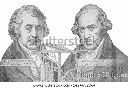 Matthew Boulton and James Watt, Portrait from England 50 Pounds 2010 Banknotes. 