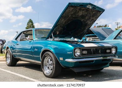 Matthews, North Carolina -  September 3, 2018: A Classic 1960s Era Chevrolet Camaro Is Parked On Display At The Matthews Auto Reunion