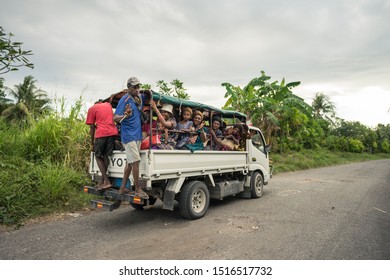 Matupit, East New Britain / Papua New Guinea - July 5, 2019: Crowded Truck Takes Tolai People Back To Rabaul After A Ceremony In Matupit Village