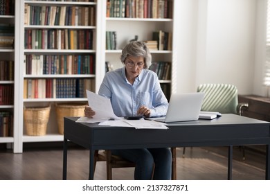 Mature accountant woman sit at workplace desk sorting out bills, making payments, calculates summary for pay through e-bank system on laptop. Checking and management of finances, accounting concept
