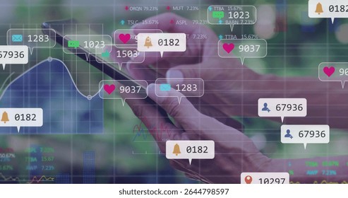Mature adult hands holding smartphone on digital analytics interface, with overlay notifications. Technology, data, digital, analytics, communication, mobile, visualization - Powered by Shutterstock - Get 15% off with code: PIKWIZARD15