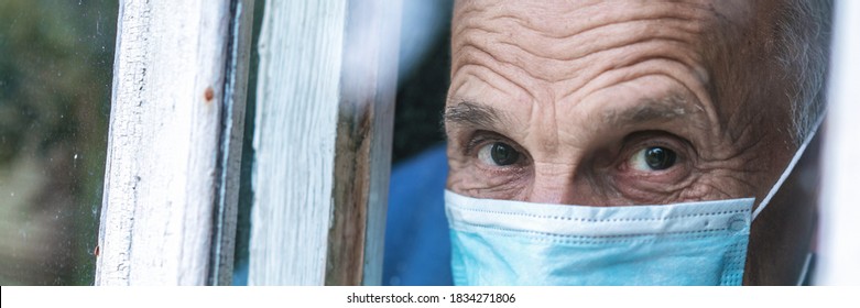 Mature Adult Male Person Wearing Face Mask Looking Through Window Coronavirus Concept