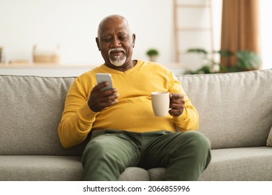 Mature African American Male Using Cellphone Browsing Internet And Texting Communicating Online In Social Media App Sitting On Sofa At Home. Senior Man Drinking Coffee And Scrolling News On Phone