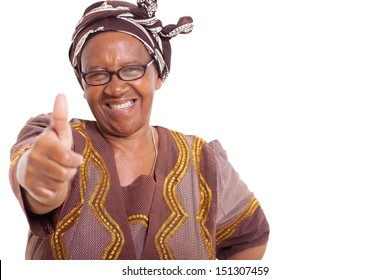 mature african woman with happy smile giving thumbs up on white background