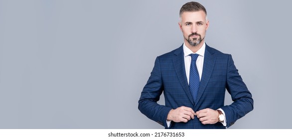 Mature Ambitious Man Businessman In Businesslike Suit Has Grizzled Hair, Business Success. Man Face Portrait, Banner With Copy Space.