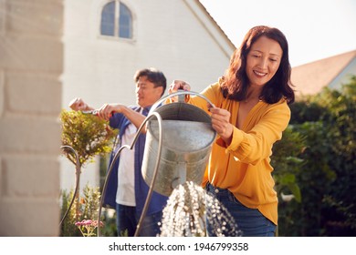 Mature Asian Couple At Work Watering And Pruning Plants In Garden At Home