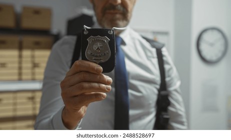 A mature, bearded, badge-holding man presenting his detective identity inside a well-lit police department office.