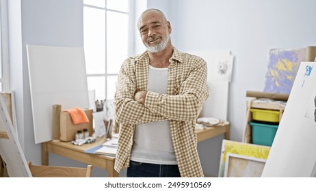 Mature bearded man stands confidently in an art studio surrounded by canvases and painting supplies. - Powered by Shutterstock