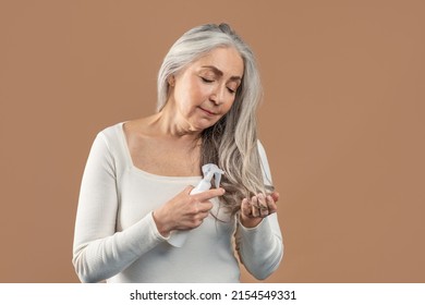 Mature Beauty And Natural Cosmetics. Lovely Senior Woman Applying Haircare Spray Or Natural Essential Oil On Beautiful Grey Hair Over Brown Studio Background, Free Space. Split Ends Repair Treatment