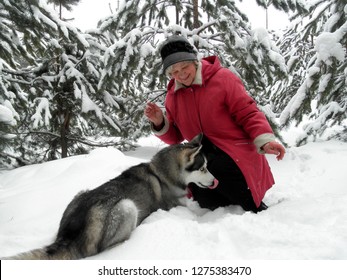 A Mature Blonde Woman In A Hat And Pink Jacket With Siberian Husky Dog In The Snowy Winter Forest