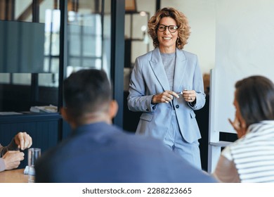 Mature business woman having a discussion with her team. Woman leading a meeting in an office. Business woman presenting her ideas in an office. Group of professionals planning a project.
