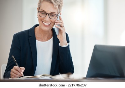 Mature Business Woman, Phone Call And Notebook Writing In Company Finance, Investment And Stock Market Sales Negotiation. Smile, Happy And Talking Financial Broker On Laptop Or Mobile Tech Networking