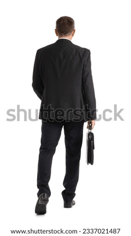 Mature businessman with briefcase walking away on white background, back view