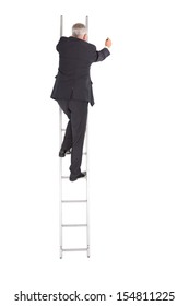 Mature Businessman Climbing Career Ladder On White Background