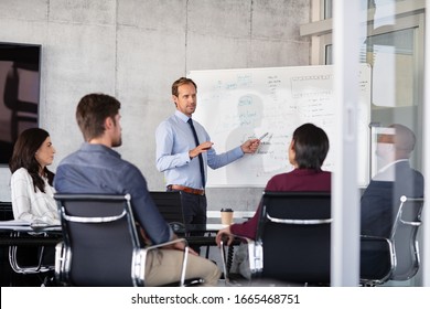 Mature businessman giving presentation to his colleagues in modern office. Leader presenting new project to business partners in conference room using white board. Businessman in a meeting talking.