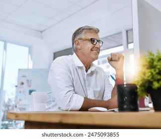 Mature, businessman and happy in workplace with computer, smiling and reading online review for company or report. Email, communication and internet proposal for business, research and professional - Powered by Shutterstock