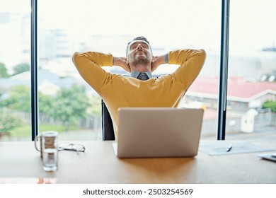 Mature businessman, laptop and done at office, startup or pride with complete review for project management. Person, pc and entrepreneur with smile to relax with feedback, results or relief at agency - Powered by Shutterstock