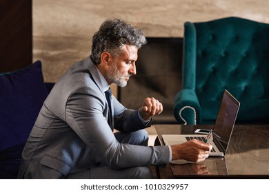 Mature Businessman With Laptop In A Hotel Lounge.