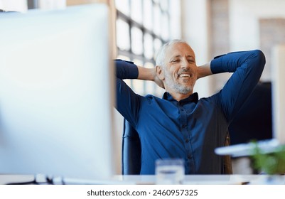 Mature, businessman and relax by desk with laptop in chair for reading, comfortable and research by workspace. Professional, CEO and stretching for corporate project, productivity and happy for inspo - Powered by Shutterstock