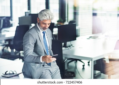 Mature businessman with smartphone in the office.