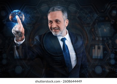 Mature businessman in a suit smiling and touching a glowing digital hologram, surrounded by futuristic virtual interface elements and abstract data graphics.
