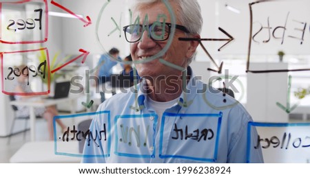 Mature businessman working in creative office reading notes on glass board. Senior executive standing near glassboard with chart and brainstorming in modern coworking workspace