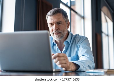 Mature Businessman Working On Laptop. Handsome Mature Business Leader Sitting In A Modern Office