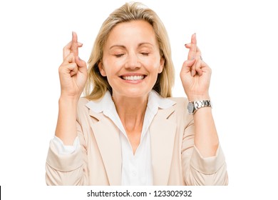 Mature Businesswoman Holding Fingers Crossed Isolated On White Background