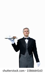 Mature butler with tray of tea, cut out
