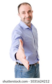 Mature Casual Man Offering To Shake The Hand, Isolated