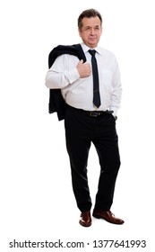 Mature Caucasian Business Man 55-60 Years Old, Holding Jacket Over His Shoulder And Hand In Pocket Isolated On White Background In Full Growth. Studio Shot.