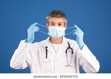 A mature Caucasian man in a white lab coat puts on a face mask, ready to engage in patient care. He wears gloves and has a stethoscope around his neck, indicating a commitment to health. - Powered by Shutterstock