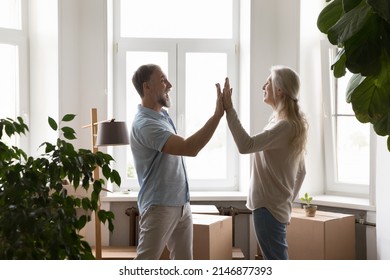 Mature Couple Accomplish Relocation Day Give High Five Feel Happy, Standing In Unfurnished Living Room With Heap Of Cardboard Boxes. Move Celebration, Bank Mortgage For Older Citizen, New Life Concept